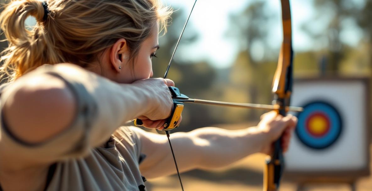Archer practices with bow, using a finger tab at outdoor range.