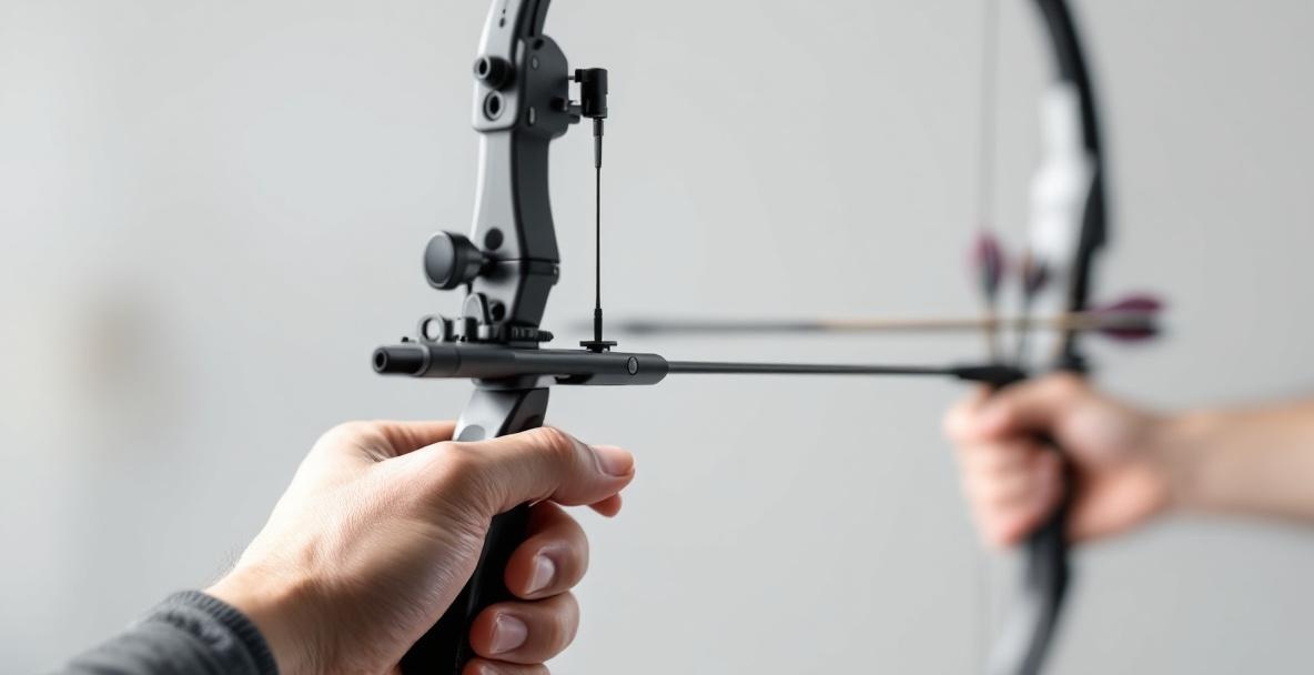 Modern archery bow with stabilizer held by steady hands on a grey background.