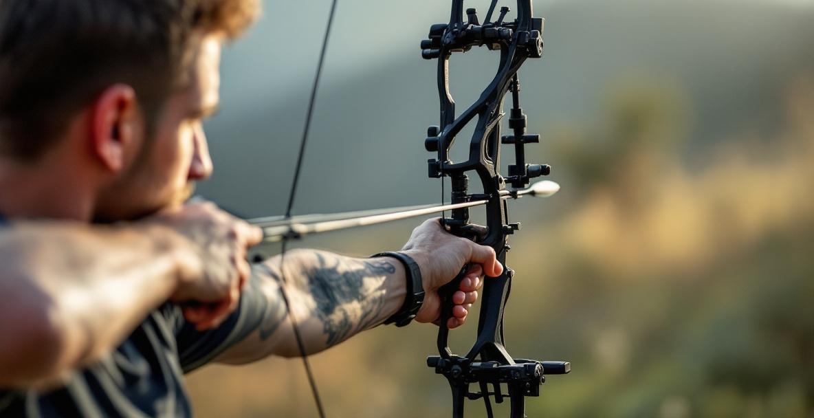 Professional archer mid-draw with a modern bow and carbon fiber stabilizer in a natural setting.