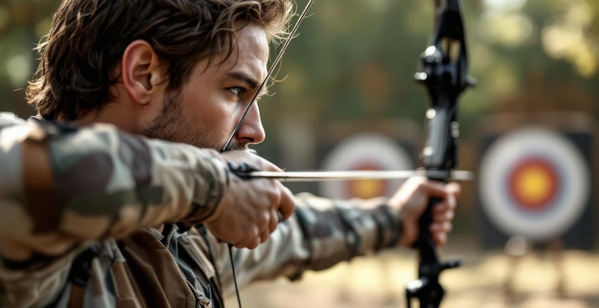 Focused archer with high-quality bow stabilizer in an outdoor range.