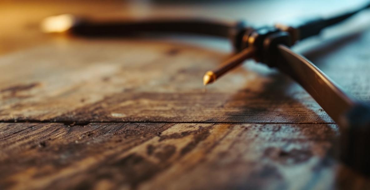 Close-up of a high-quality bow with a well-waxed string on a wooden table.