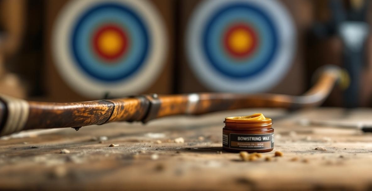 Close-up of a frayed bowstring and wax on a workbench, hinting at archery maintenance needs.