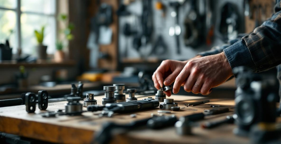 Hands inspecting stabilizer weights on an archer's workbench with compound bow and tools nearby.