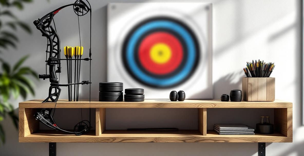 Organized shelf with archery equipment, including a bow and carbon arrows.