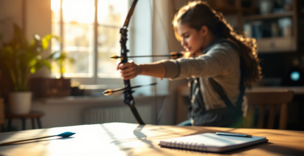 Archer indoors measuring draw length with a compound bow and equipment in background.