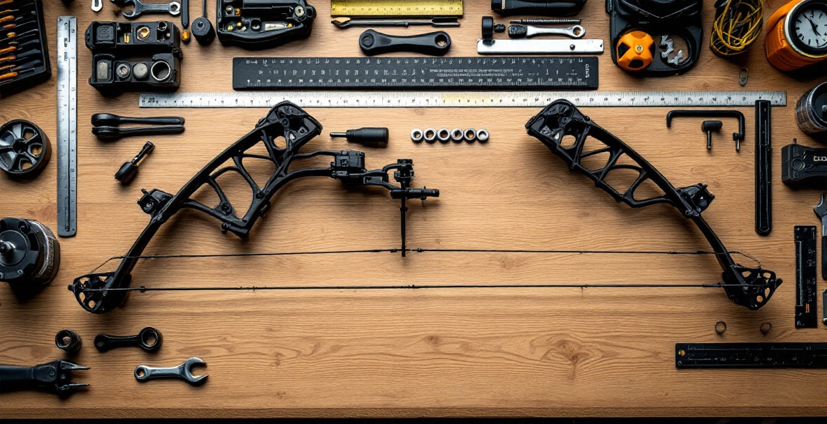 Archery workbench with compound bow, tools, and stabilizer weights.
