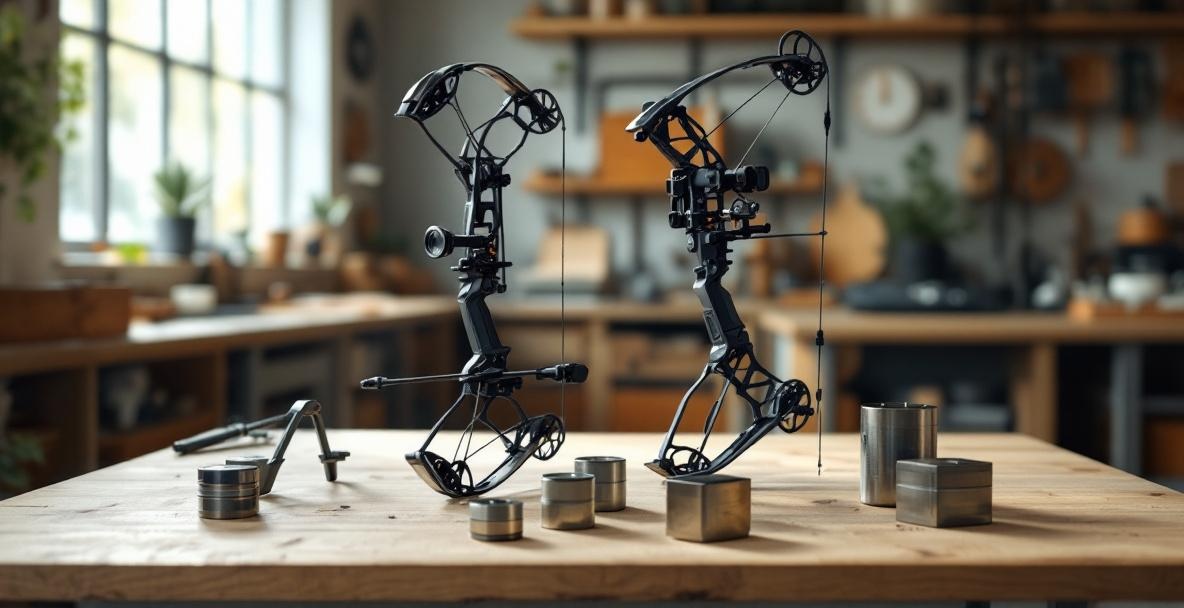 Close-up of a recurve bow and a compound bow with stabilizer weights on a wooden table.