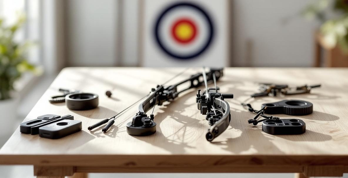 Recurve and compound bows on a wooden table with stabilizer weights, lit by natural daylight.