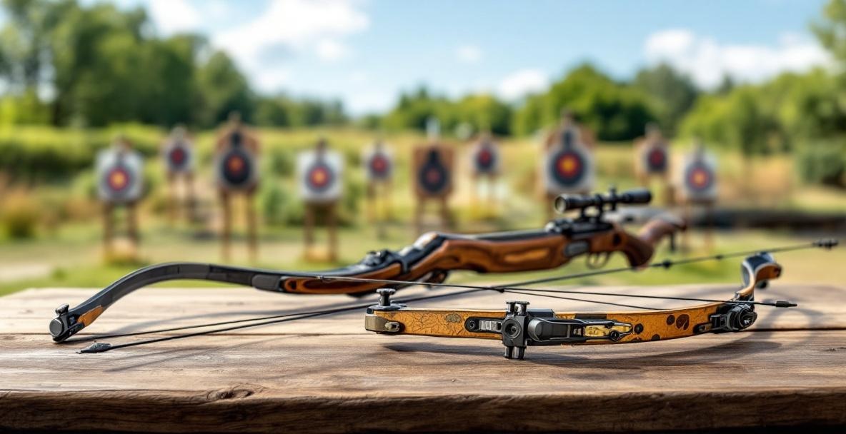 Recurve and compound bows with metallic stabilizers on a wooden table at an archery range.