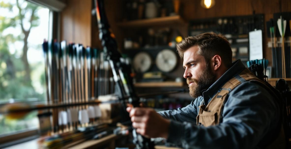 Professional archer examining arrow spines in a well-lit archery shop.