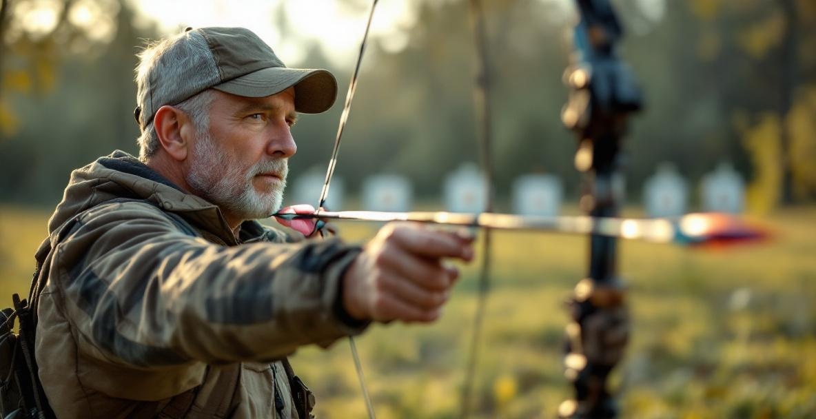 Archer tests arrow spine with compound bow outdoors in morning light.