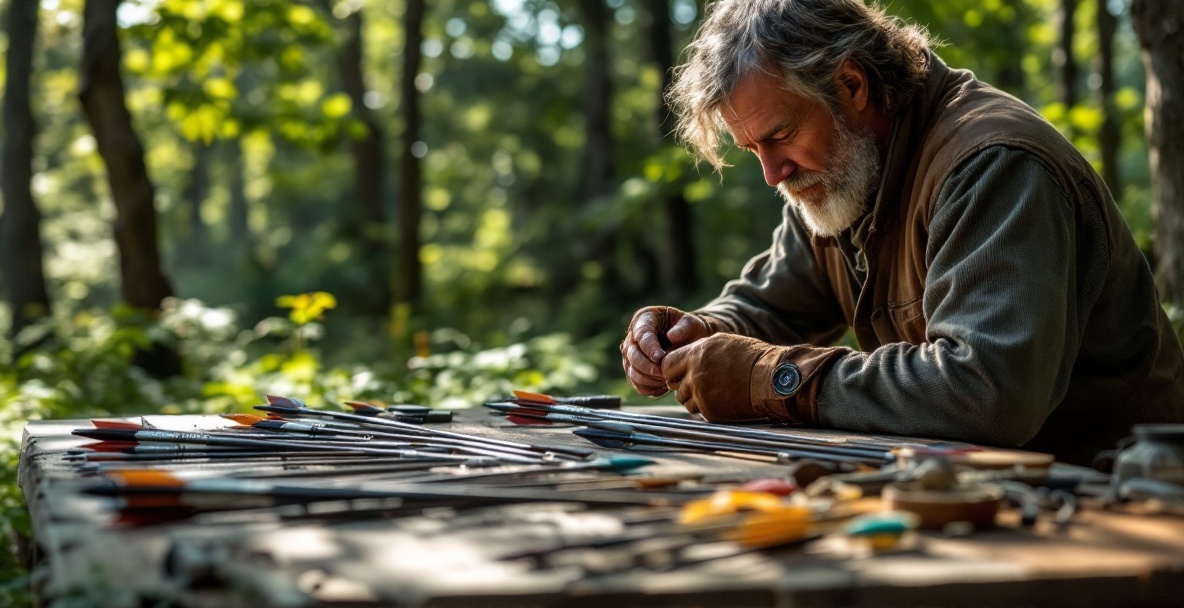 Archer adjusts arrow spines on a table in a sunlit forest setting.