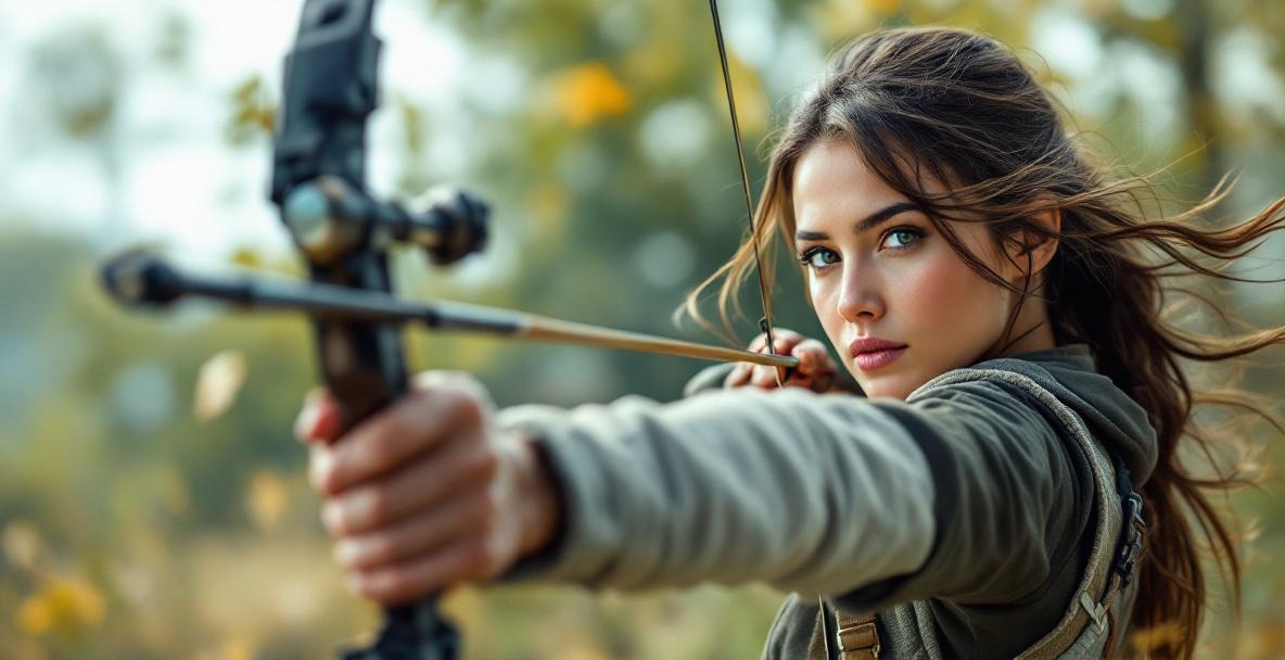 Female archer drawing a bow with stabilizer weight on a windy day, trees swaying in the background.