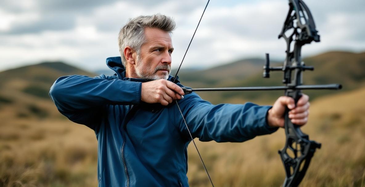 Archer on a windy field aiming a modern bow with stabilizers, under a partly cloudy sky.
