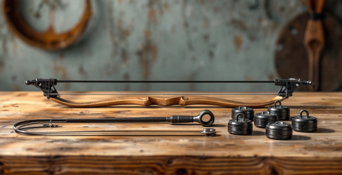 Organized workspace with tools for stringing a recurve bow, featuring a bow, stringer, and stabilizer weights.