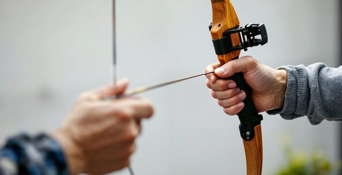 Hands stringing a recurve bow with polished limbs and a textured grip.