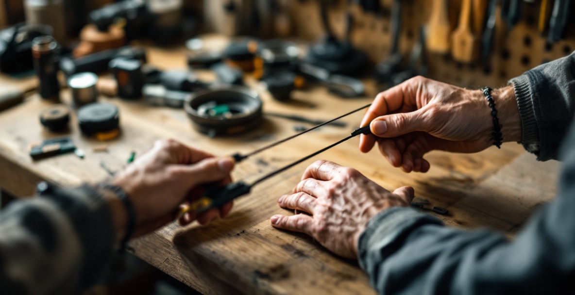 Archer adjusting stabilizer weights on a recurve bow in a workshop setting.