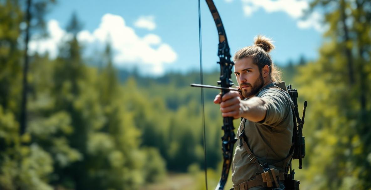 Determined archer drawing a bow with stabilizer weights in a tranquil outdoor setting.