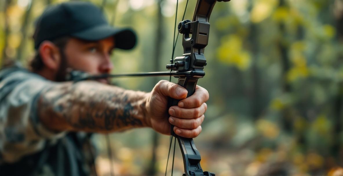 Close-up of an archer drawing a compound bow with tensioned bowstring and sleek stabilizer weights.