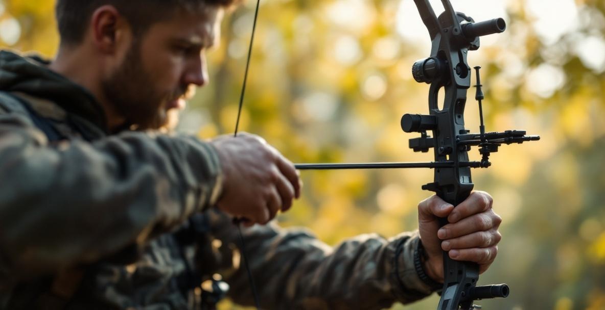 Archer adjusting stabilizer weights on a modern compound bow outdoors.